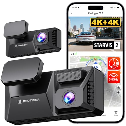 REDTIGER 4K+4K Dashcam Auto Front/Rear, STARVIS 2,WiFi 5,8GHz, Scheda 128GB | HDR, Doppio Sensore IMX678, GPS, Telecamera per Auto, Controllo Vocale, Touch Screen da 4'', Monitor di Parchegg