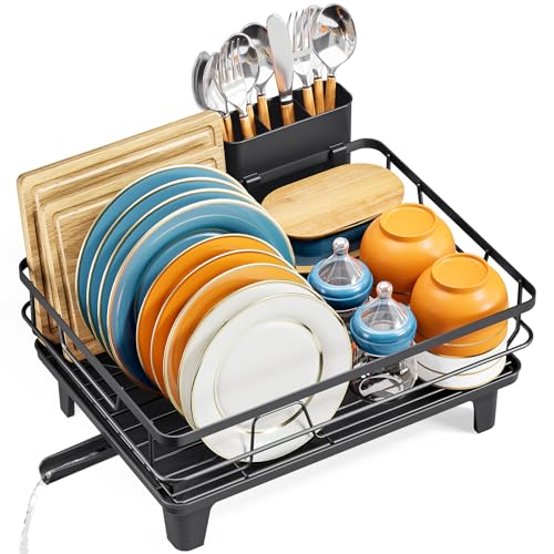 Escurridor de Platos, Escurreplatos con Soporte para Utensilios Extraíble, Escurreplatos de Cocina para Fregadero con Tabla de Escurrir con Pies...