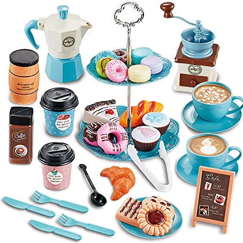 Kitchen Pretend Toys Tea Party Gift Set, Aizoer Play Kitchen Accessories Toy Kids Pretend Food Play Sets Stands Play Set Coffee Maker Dessert Cookies Cups Dishes Macaroons Cake Set
