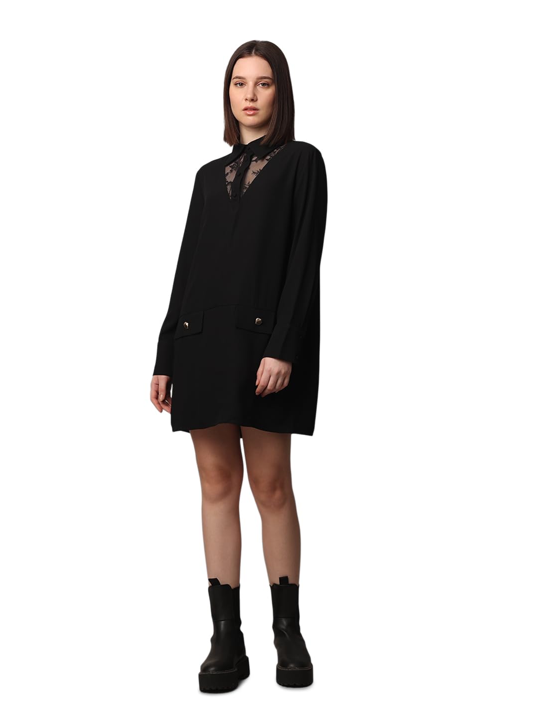 ONLY Women's Buttoned Down Shirt Mini Dress | Lace Mesh Insert | Long Sleeves | Buttoned Cuffs | Front Pocket in neutral
