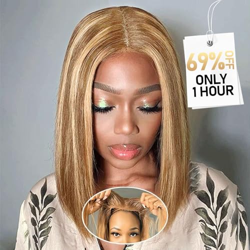 Wear and Go Glueless Bob Wig Human Hair 200% Density 5x5 HD Lace Closure Wigs For Black Women Glueless 5x5 Closure Wigs Human Hair Pre Plucked Bob Highlight Color 14 Inch