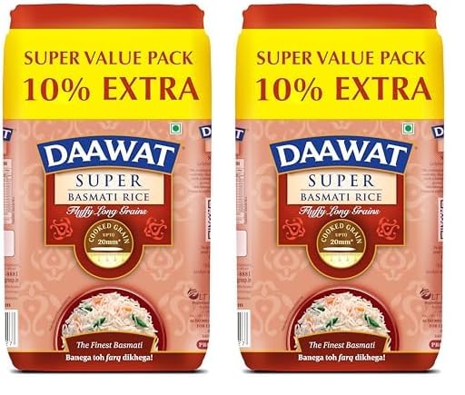 Daawat Super Basmati Rice 1Kg + (100g/200g) | Fluffy Long Grains| Cooked upto 20mm* (Pack of 2)