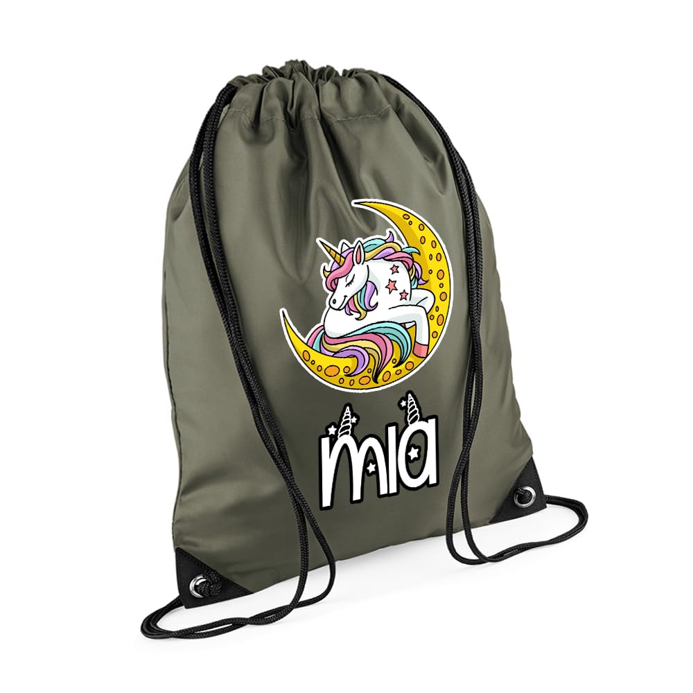 Unicorn Bag Gift For Girl, Personalised Backpack, Back To School Gift, Drawstring Bag, PE Gym Kit, Swimming, Sport Rucksack. (Olive Green)