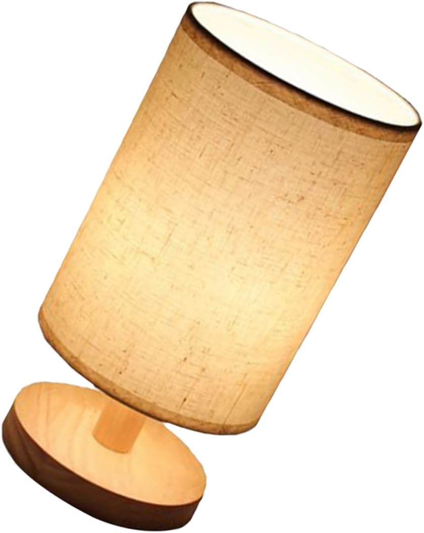 VILLCASE USB Linen Cloth Table Lamp with Wooden Base Compact Bedside Night Light for Bedroom and Dormitory Non Dazzling Soft Glow Tabletop Light and Eye Friendly Design