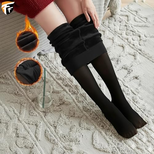 Image of FF Fleece Lined Tights Women Leggings Thermal Pantyhose Fake Translucent Opaque High Waisted Winter Warm Sheer Tight (Waist Size: 26 to 34Inch Stretchable) - Free Size
