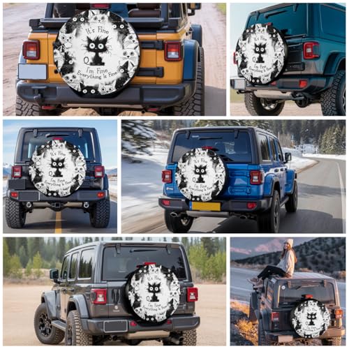 Image of GENANY Black Cat Pattern Spare Tire Cover for RV Trailer, Waterproof, No Camera Hole, Size 17 Fits 31-33 Inch