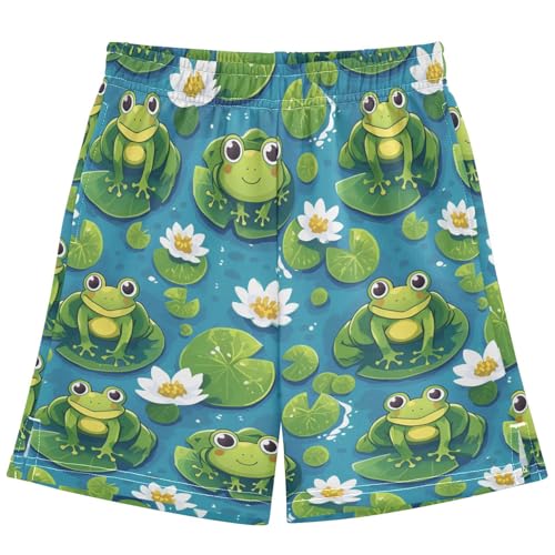 Boys Athletic Shorts with Pockets Green Frog Lotus Running Basketball Shorts for Youth Elastic Waist Size 7-8