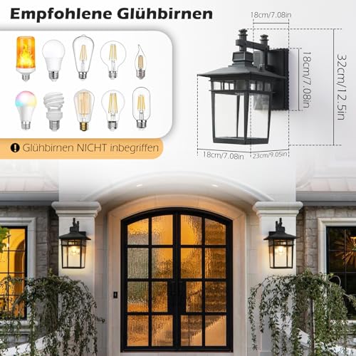 Wandleuchte aussen, Außenwandleuchten mit Klarglas, IP44 Wasserdicht, Retro E27, Außenlampen Beleuchtung Außenwandleuchte Verandaleuchten (Schwarz) – Bild 3