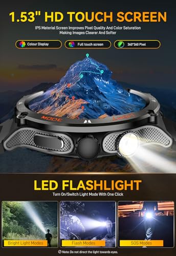 Dealark KT76 Military Smart Watch For Men With Led Flashlight 500Mah Big Battery Tactical Smartwatch 1.53 Inch Big Screen Rugged Smart Watch 3Atm Waterproof Fitness Tracker thumb #1