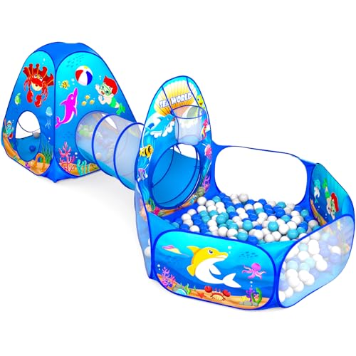 Image of GeerWest 3PC Kids Ball Pits for Toddlers with Kids Play Tent, Tunnel for Baby, Children Pop Up Indoor/Outdoor Playhouse Toy for Boys and Girls, Best Birthday Gifts for 3 4 5 Years Old