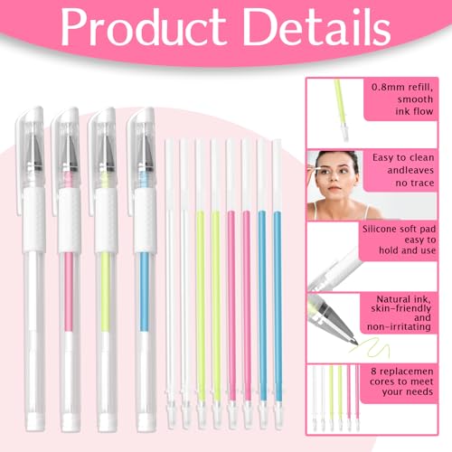 Cheynn 4 Stück Eyebrow Microblading Haut Marker Set, Chirurgischer Hautmarker Stifte mit 8 Nachfüllung 4 Farben Tattoo Schablonenstift Hautpositionsstifte für Augenbrauen Lippen Körperkunst