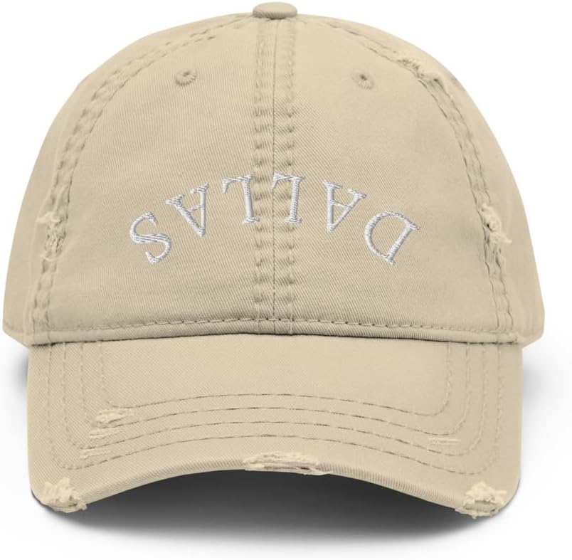 Upside Down Dallas Dad Hat, Front & Back Inverted Dallas Embroidered Distressed Dad Hat