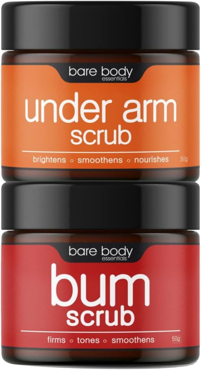 Bare Body Essentials SuperScrubs Combo | Gently Exfoliates, Lightens, Brightens | Helps Removes Dead Skin and Dark Patches | Contains Underarm Scrub 50g and Bum Scrub 50g