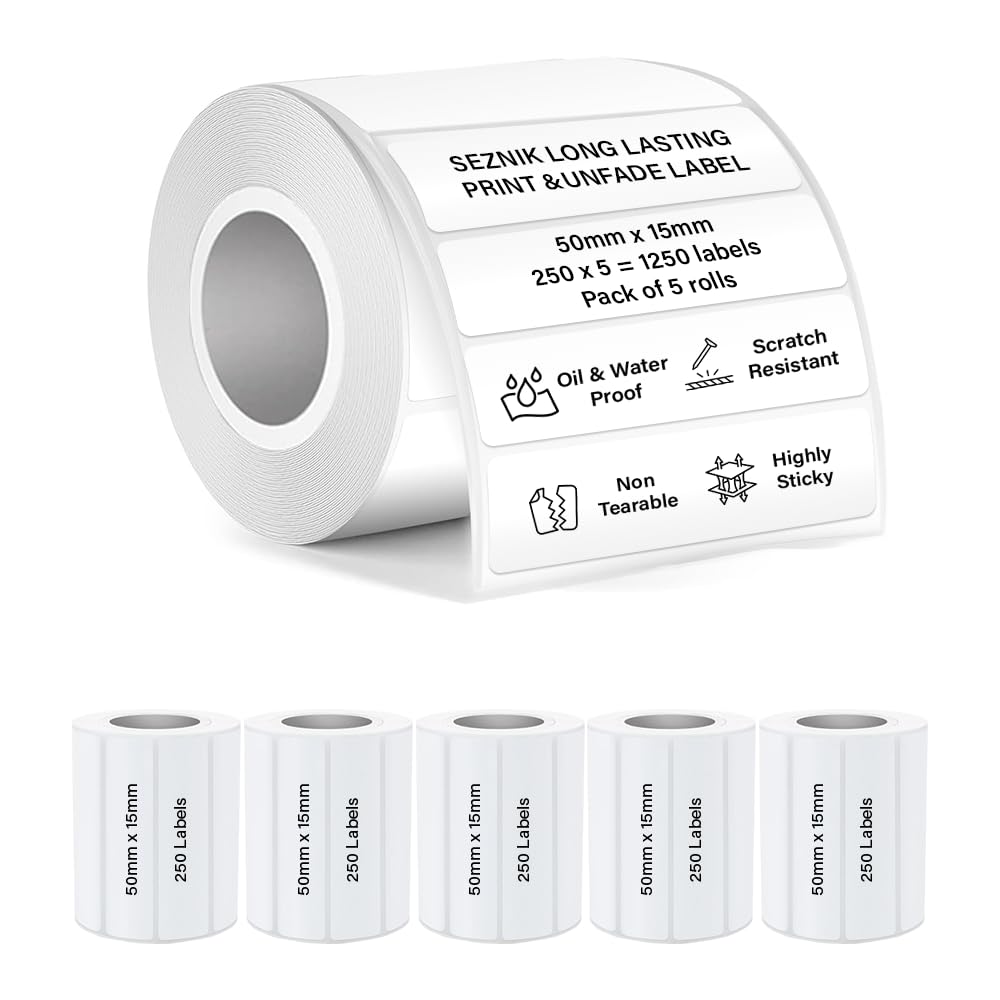 SEZNIK Waterproof, Non-Tearable, Sticky Thermal Lables, Label Roll, 2 inch Adhesive Thermal Labels for Label Printers (50mmx15mm - 1250 Lables), 1250 Labels