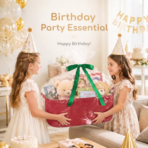 Image of OIASKET Large Empty Cotton Rope Gift Basket with Handles, 16.5 inchx12.6 inchx7 inch Decorative Woven Storage Basket with Gift Bag and Ribbon Set for Baby Shower, Toy Organizer for Kids, Dogs & Cats - Red
