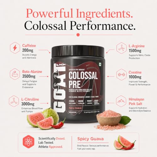Image of Colossal Pre | PreWorkout Powder (Spicy Guava 180gm 15 Servings) 200mg Caffeine 3.5g Beta-Alanine 3g Citrulline 1.5g Arginine 1g Creatine with Himalayan Pink Salt