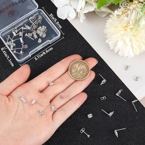 Beebeecraft 30Pcs Cubic Zirconia Earring Findings 3 Style Real Platinum Plated Round Teardrop Trapezoid Earring Post with Loop and Earring Back for Jewelry Making - Image 3