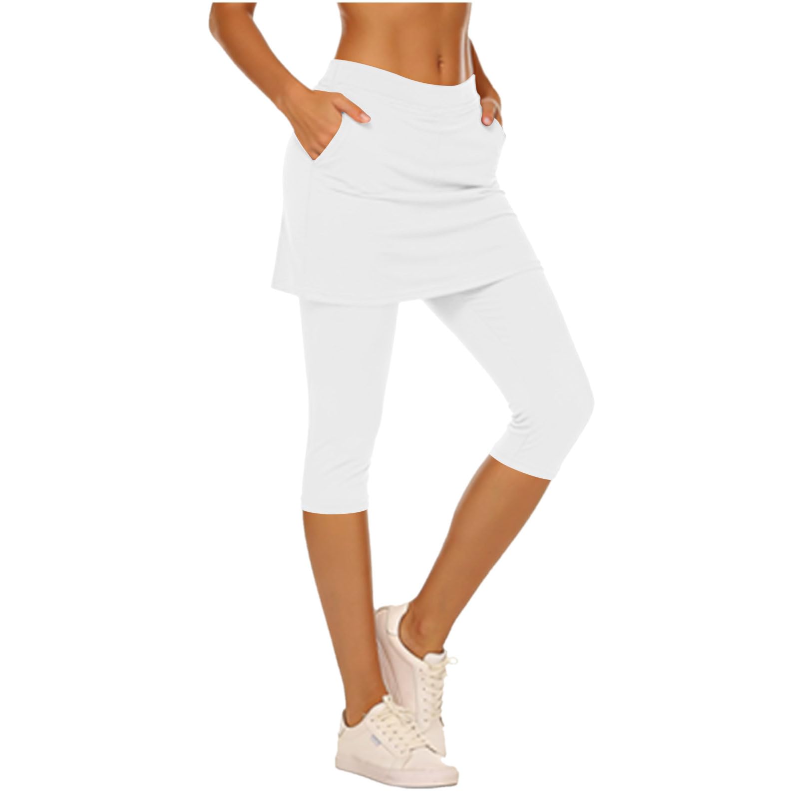 3/4 Leggings Damen mit Rock 2 in 1 Sporthose Sport Trainingshose Leichte Yogahose Tennis Sweatpants Yoga Fitnesshose Gym Trackpants Bequeme Rockhose Stretch Laufhose