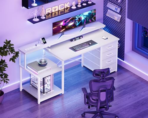 Image of ODK 55 Inch Gaming Computer Desk with Power Outlets and 4 Drawers, Large Home Office Desk with Monitor Stand, Printer Shelf and Storage Shelves for Gaming or Bedroom Setup, White