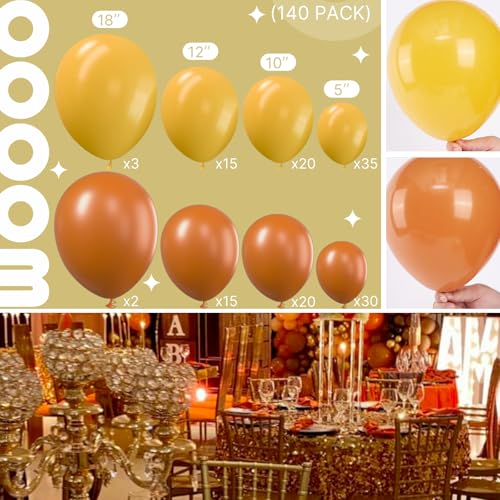 Image of PartyWoo Burnt Orange and Mustard Yellow Balloons 140 pcs Different Sizes Pack of 18 12 10 5 Inch Fall Balloon Arch Kit Garland for Thanksgiving Halloween Graduations Birthday Party Decorations