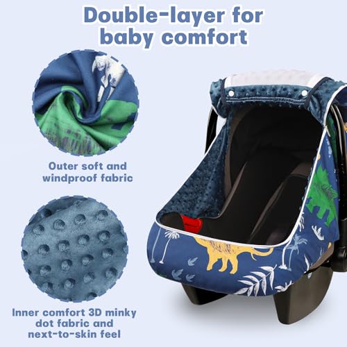 Image of Hooyax Baby Car Seat Cover with Dual Zipper, Extra Large Mesh Window Carseat Canopy, All-Season Weather Protection for Infant Car Seats & Strollers (Dinosaur)