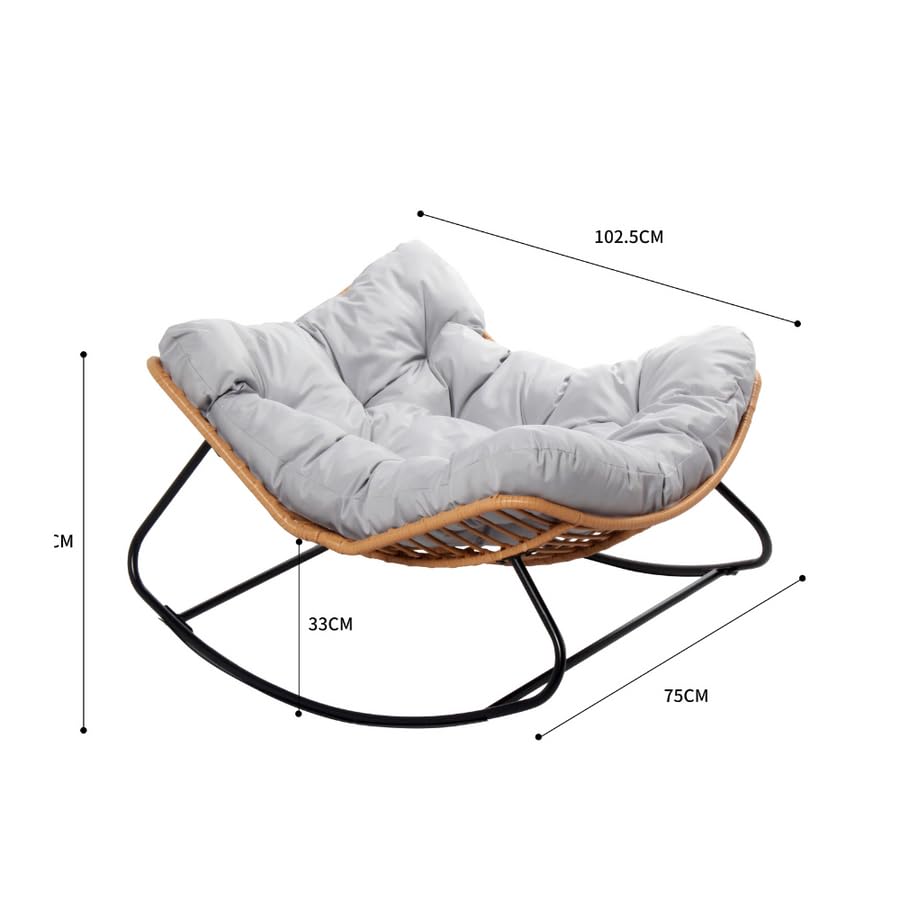 CONCEPT USINE | Fauteuil à Bascule en Résine Tressée | CANGGU Naturel | Avec Gros Coussins Gris | Design Effet Rotin Cosy | Structure Robuste en Acier Recouvert de Peinture Epoxy | Intérieur/Extérieur
