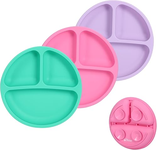 Cibeat Platos para niños pequeños con succión, 3 platos divididos de silicona suave, portátiles y seguros para niños, aptos para lavavajillas,