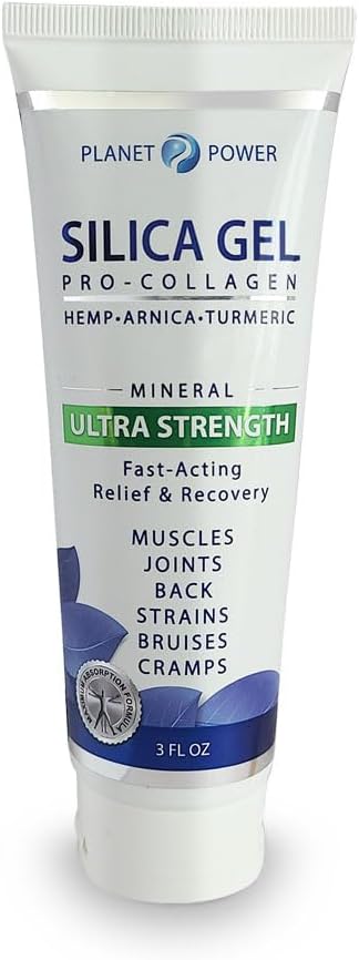 Planet Power Silica Gel Natural Collagen, with Silica, Hemp, Arnica, Turmeric. Light and fast absorbing formula. Non-greasy