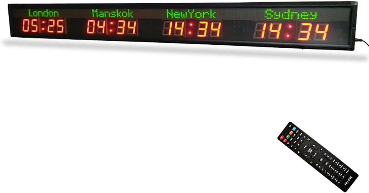 PHOLK 4 City World Time Clock, Hotel Time Zone Clock, 2 Modes, LED Wall Clock with Remote Control, 5 Levels Of Brightness Adjustment, for Multinational Enterprises Hotels Office