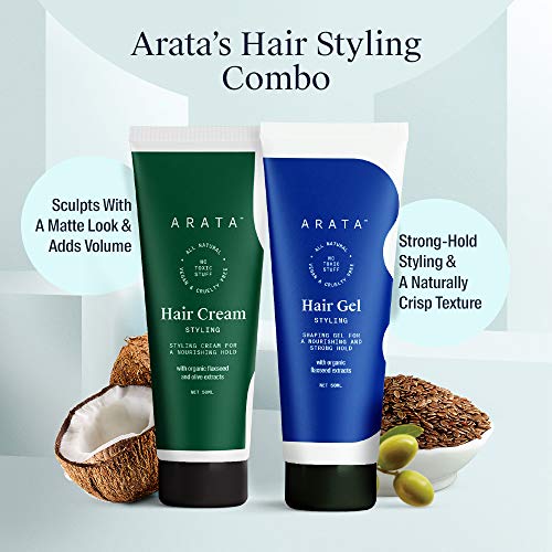 Image of Arata Styling Combo of 2 - Hair Cream (50 ML) & Styling Hair Gel (50 ML) | For Glossy & Matte Looks | Soft & Strong Hold | Defined, Frizz-Free Hair | Adds Texture & Boosts Moisture | For All Hair Types