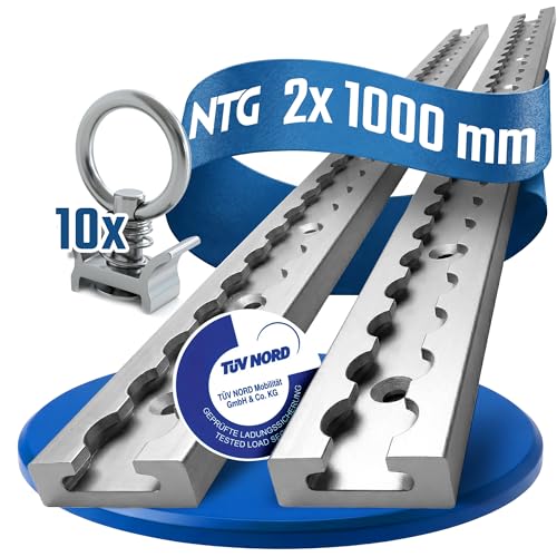 NTG Rail d'arrimage 2 pcs 1m / 1000mm carré Alu avec 10 raccords -Certifié TÜV- Accessoires de remorque Arrimage de charge Rail alu Camion Fourgon Camping-car - avec perçages Argent anodisé