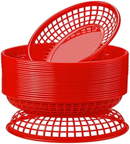 GothaBach 24 Pack Fast Food Baskets, Plastic Fast Food Restaurant Baskets, Bread Fry Baskets Serving Tray for Hot Dogs, Chicken, Burgers, Sandwiches, Fries (Red)