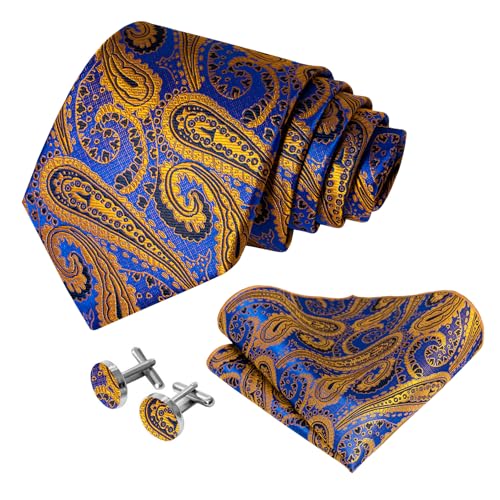 Image of 5PCS Mens Silk Designer Tie, Pocket Square, Cufflinks, Drilled Tie Ring and Lapel Pin Set for Wedding Groom Party