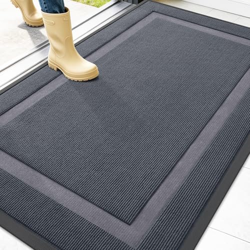 Image of OLANLY Front Door Mat Indoor Outdoor Entrance, Waterproof All-Season, All-Weather Doormat, Sturdy Natural Rubber, Fade Resistant, Low Profile, Easy Clean Patio Porch Entryway Mat, 47x32, Light Grey