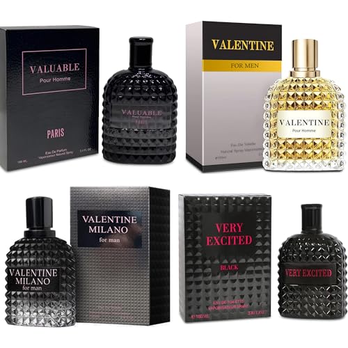 A CENTER Men's Cologne Gift Set Include Valentine Milano,Valentine,Very Excited & Valuable Paris - 3.4 Fl Oz Each | Vanilla Bourbon, Leather & Amber Floral Fragrance | Luxury Eau de Toilette Quartet