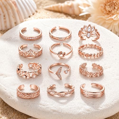 Image of 12PCS Toe Rings for Women 14K Gold /Silver Plated Adjustable Toe Ring Set Open Heart Arrow Infinity Rings Beach Foot Jewelry for Summer