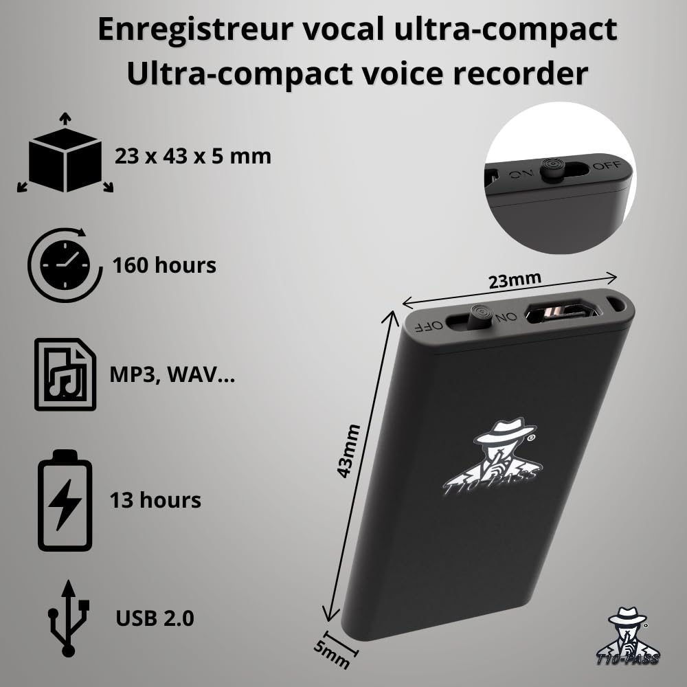 Microspia Audio – Registratore vocale ultra compatto (4 x 2 cm, spesso solo 5 mm). Discreto e ideale per riunioni, auto, conferenze e sorveglianza.