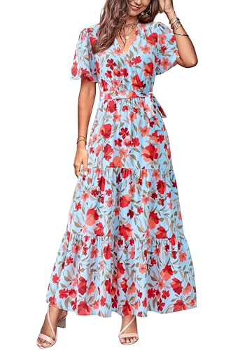 Image of MASCOMODA Women Boho Swiss Dot Maxi Dresses Wrap V Neck Flutter Short Sleeve Solid Tie Waist A Line Tiered Flowy Long Dresses