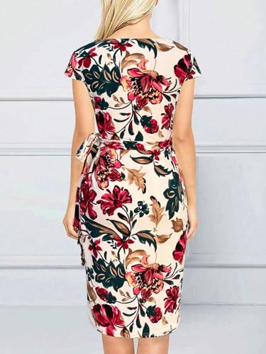 Image of Women's Vintage Cap Sleeves Asymmetrical Neckline Sheath Bodycon Casual Work Cocktail Party Pencil Faux Wrap Dresses
