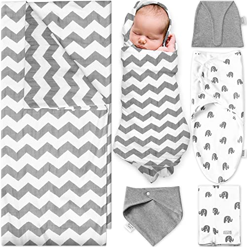 Image of Newborn Essentials Must Haves (100% Cotton) - 5pc Gift Set Includes Muslin Blanket, Hat, Bib, Burp Cloth and a Swadle