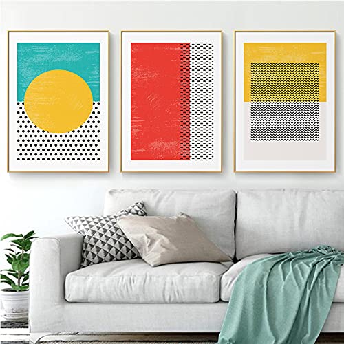 Affiche Toile Peinture Abstraite Bleue Jaune Rouge Triptyque Géométrique 50x70cm Sans Cadre