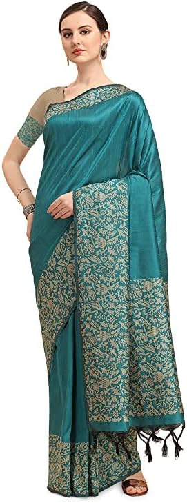 VISHNU WEAVESBanglori Handloom Raw Silk Saree for Women with Kalamkari Woven Pallu and Border with Contrast Blouse Piece, Skyblue, One size