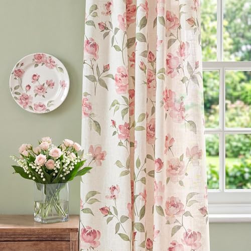 Image of jinchan Pink Floral Linen Curtains 63 Inch Cottagecore Back Tab 2 Panels | Light filtering drapes, semi sheer, farmhouse, watercolor, romantic, living room, bedroom, rod pocket, window treatment