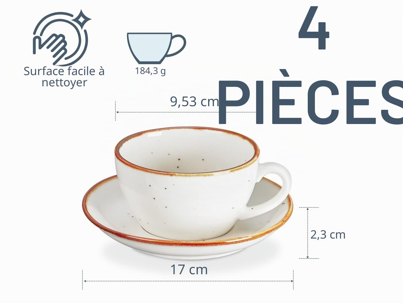 ONEMORE 4 Tasses à Cappuccino avec Soucoupes - Céramique Blanche- 190ml- Lavable au Lave-vaisselle