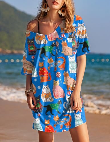 Image of Ekouaer Womens Tshirt Nightgown Cotton V Neck Sleepshirts Comfy Casual Nightshirt for Women, Cat Blue, Medium