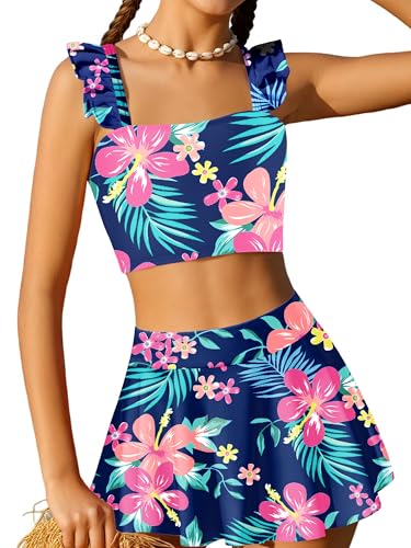 Image of Arshiner Girls Swimsuit 3 Piece Bathing Suits Cute Bikini Tankini Sets Teen Ruffle Swimwear with Cover Up Skirt