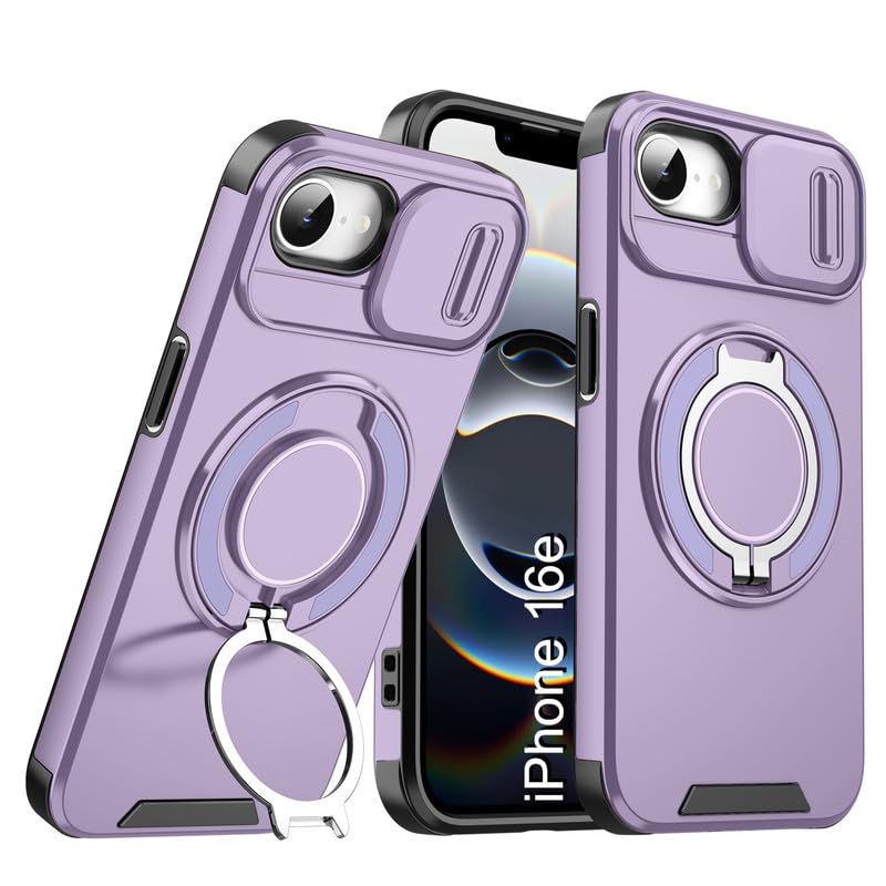 Image of LuxuryKase Shockproof Rugged Case for iPhone 16e | iPhone 17e | Slide Camera Cover | 360 Rotating Ring Kickstand | Military-Grade Protection - Lavender Purple