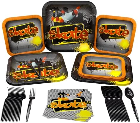 Skate Party Supplies Packs (100 Pieces for 16 Guests) - Skate Party, Skates Decorations, Skate Party Plates and Napkins, Skateboards Birthday Party Supplies, Roller Skating Party, Blue Orchards