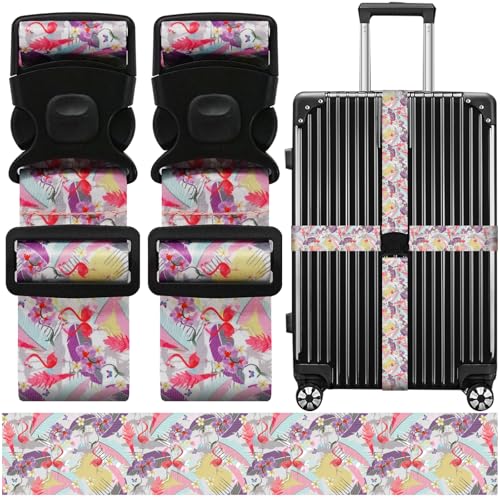 Image of Luggage Straps for Suitcases, Travel Adjustable Belt with Quick Release Buckle, Heavy Duty Nylon Bag Packing Strap, Unique Bright Identifiers Business Travel Accessories (2 Pack) - Flamingo