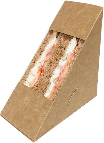 100 x Kraft Deep Fill Sandwich Triangles Wedge with Clear Window Meal Box Ideal for Food Packaging Lunch Box Bakery